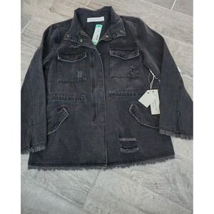 Statement‎ Jessie Raw Trim Denim Cargo Jacket Black Distressed Medium Stitch Fix